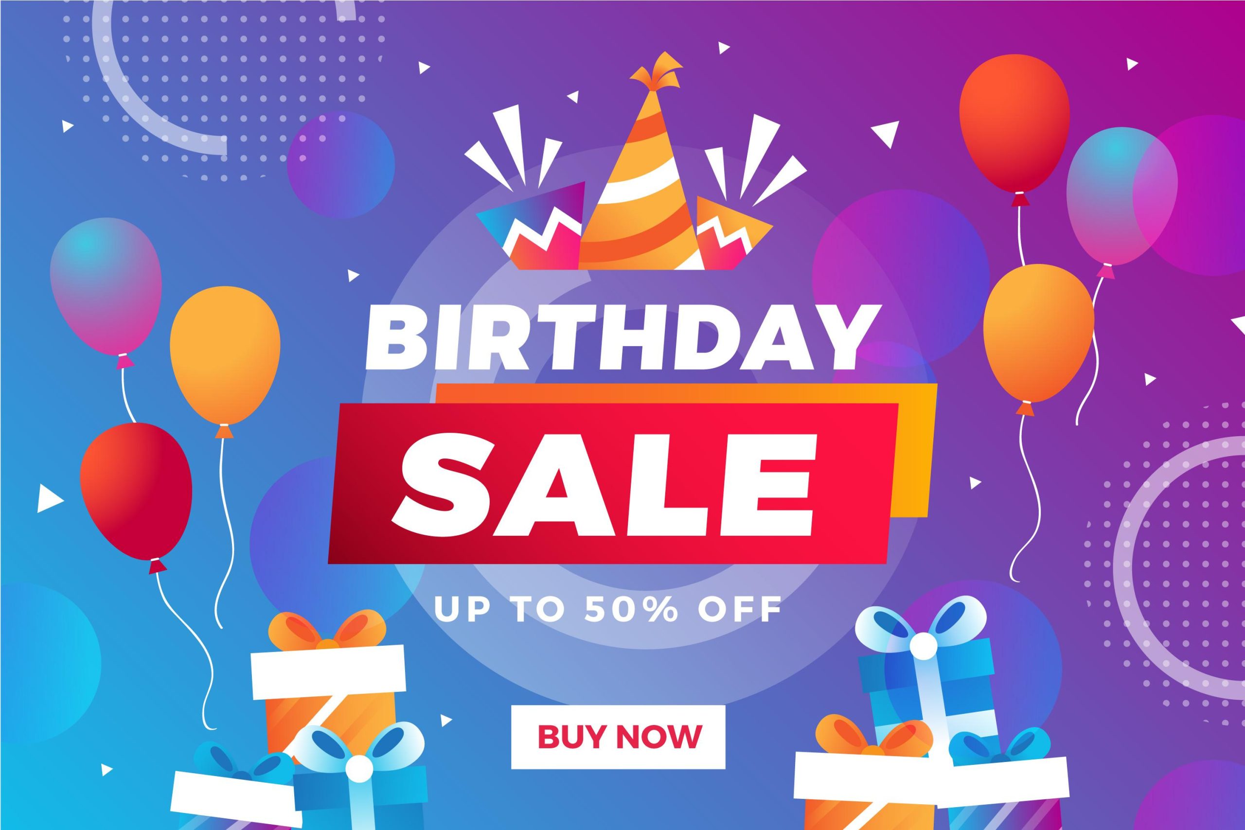 Bright and festive promotional graphic for a 'Birthday Sale' offering up to 50% off