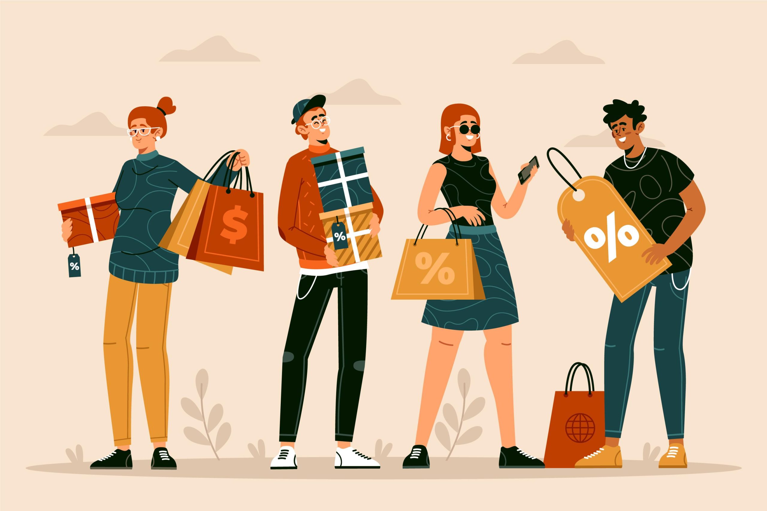 four cheerful people shopping, carrying bags with discount symbols and gift boxes