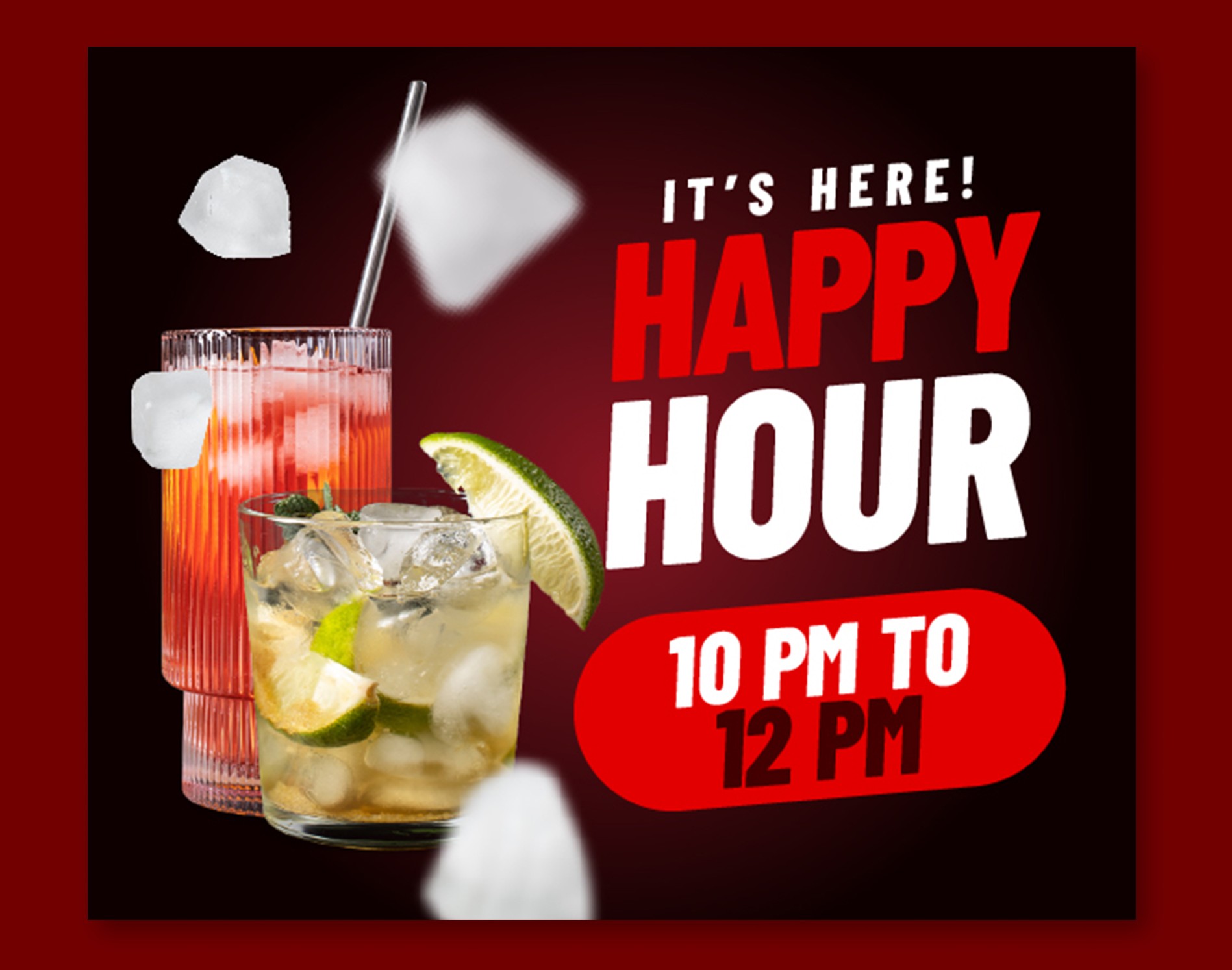 Happy Hour event featuring two cocktails with ice cubes and lime garnishes