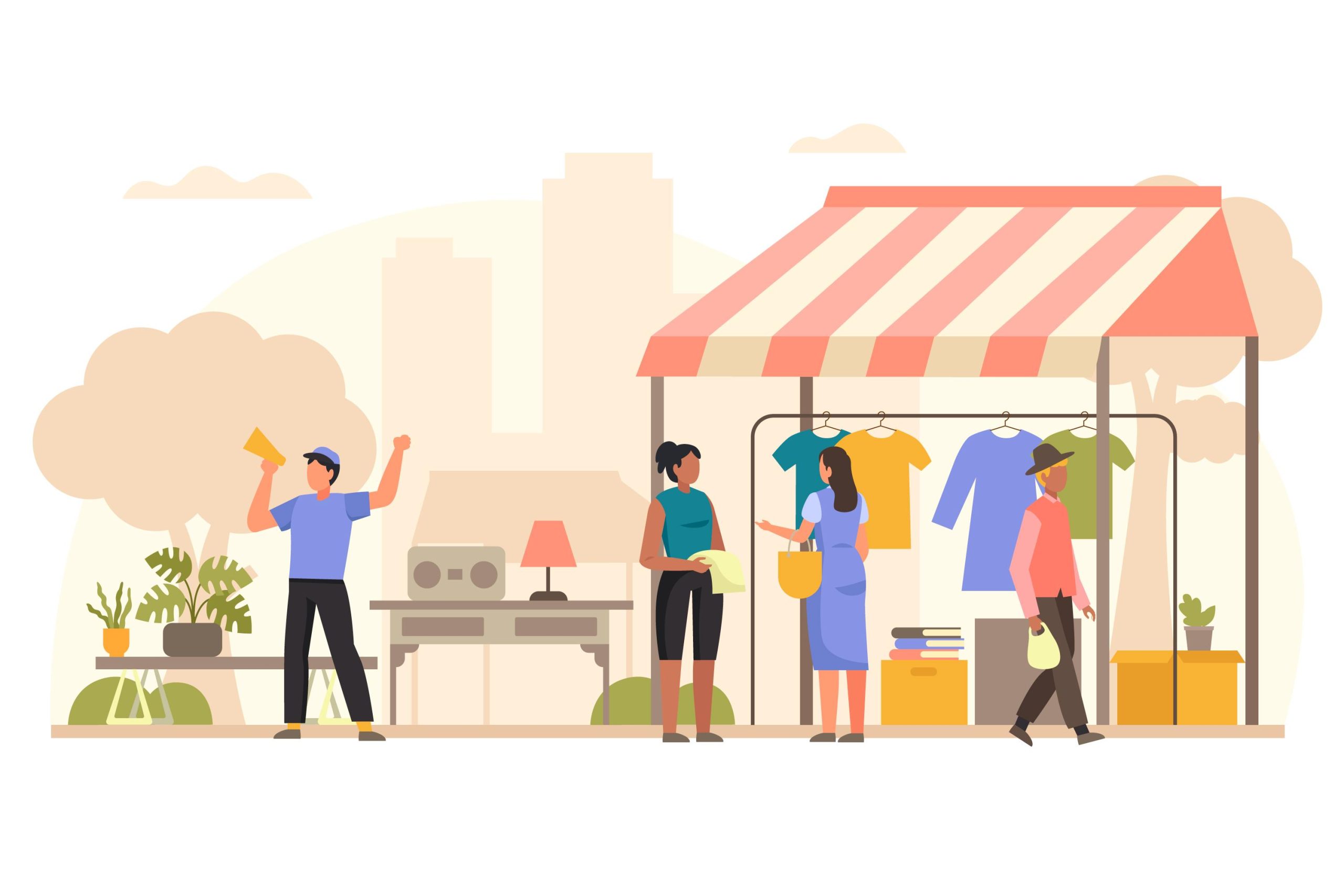 wws-local-store - Wholesale Suite outdoor market scene with a clothing stall under a red and white striped canopy