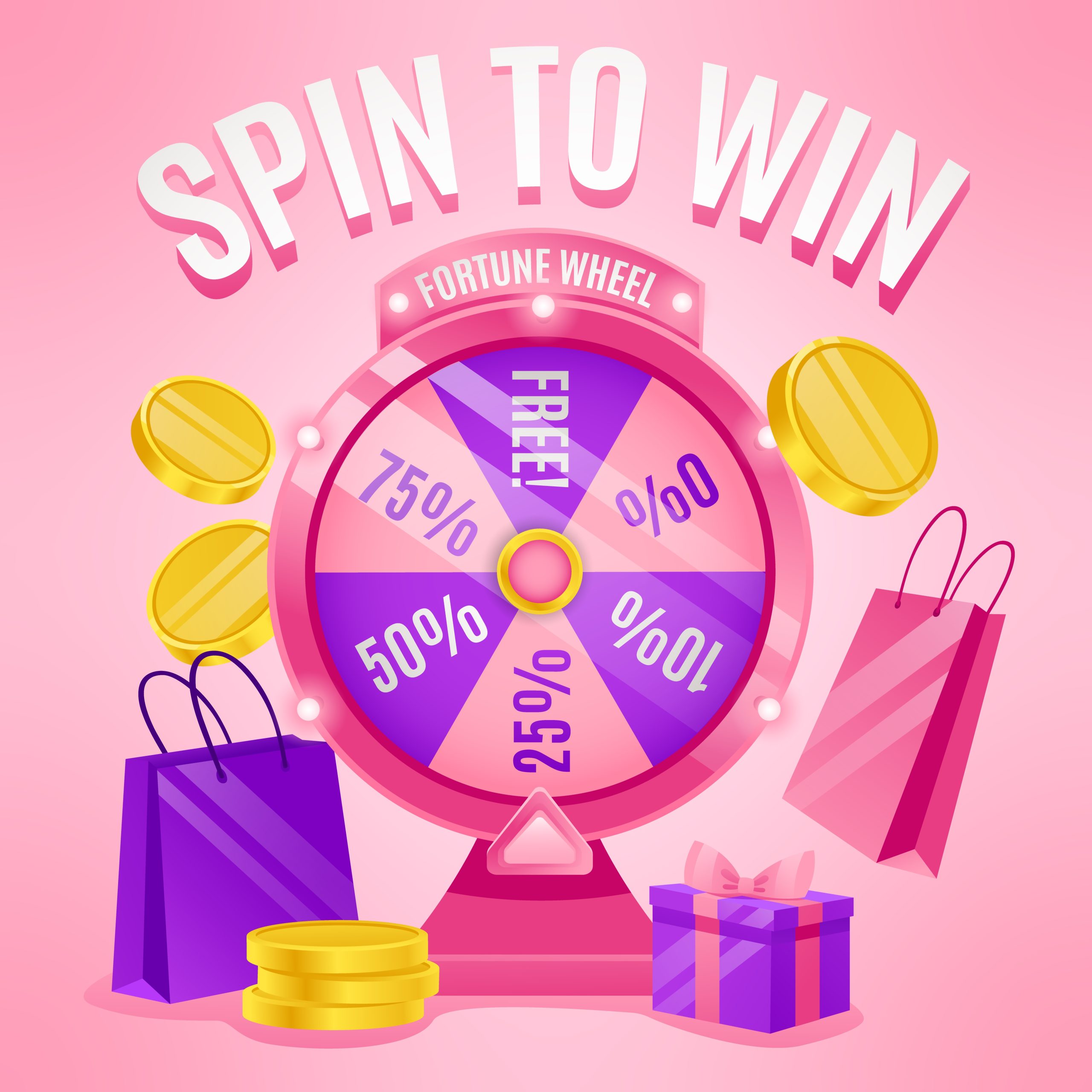 Bright and colorful promotional graphic featuring a 'Spin to Win' fortune wheel with various discount percentages