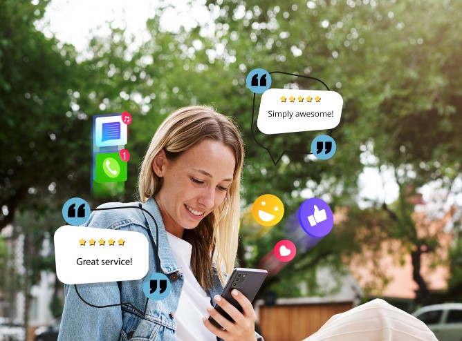 04-23-2025 - Wholesale Suite Smiling woman looking at her smartphone outdoors, surrounded by floating chat bubbles, emojis, and 5-star reviews