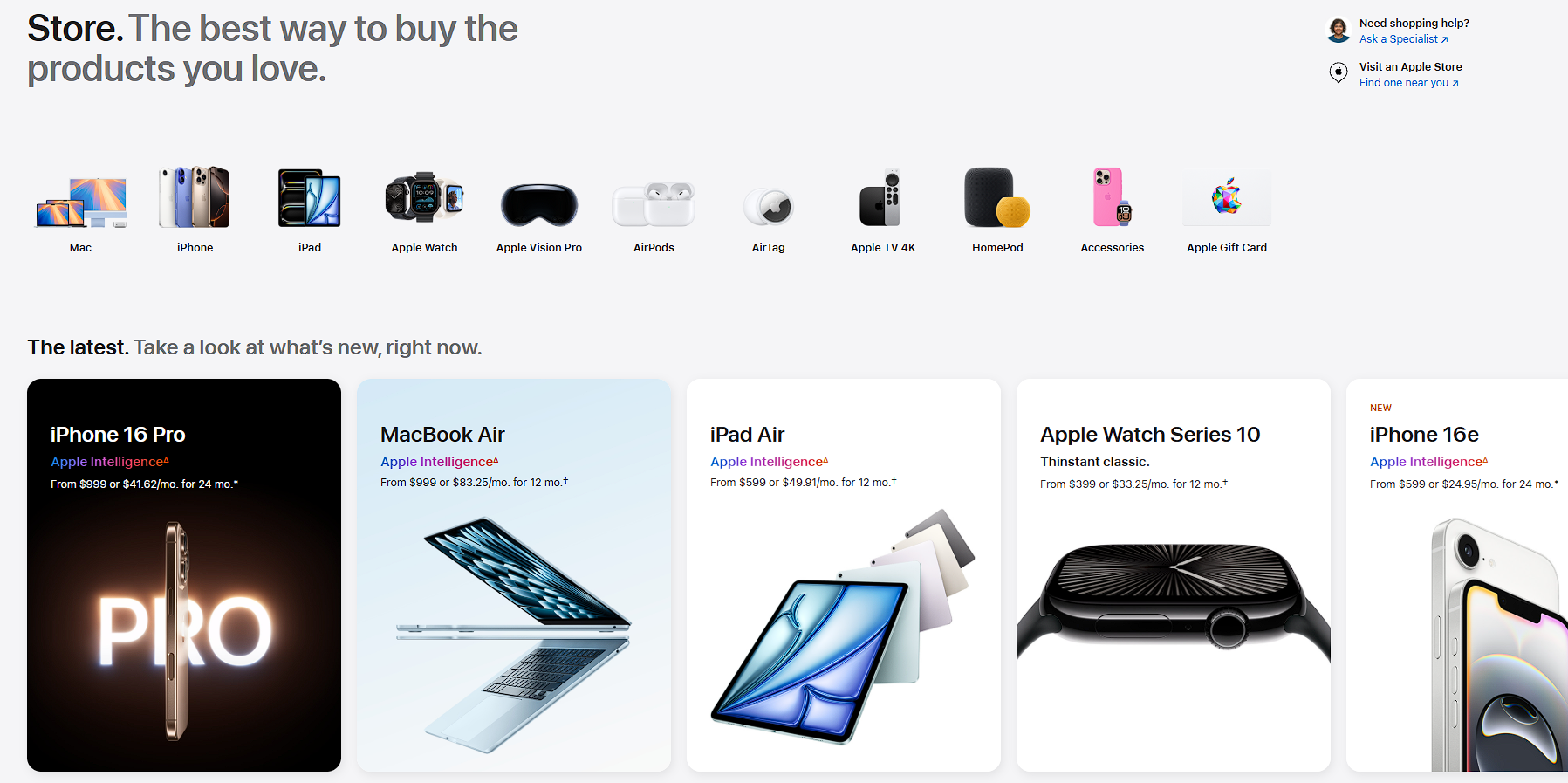wws-apple-store - Wholesale Suite Apple’s online store homepage showcasing a lineup of products including Mac, iPhone, iPad, Apple Watch, Apple Vision Pro, AirPods, Apple TV 4K, HomePod, Accessories, and Apple Gift Cards