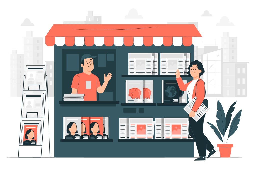 wws-dropshipping-alternative-stores - Wholesale Suite A vendor stands behind the counter waving, while a customer browses and holds a magazine