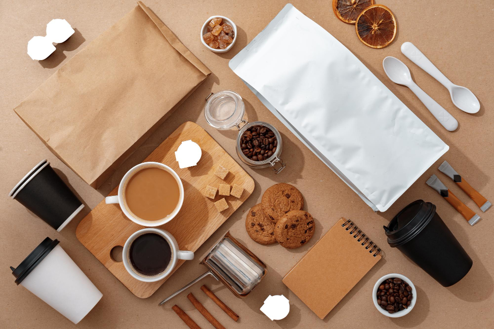 wws-food-pack - Wholesale Suite Flat lay image of coffee-themed food packaging and accessories on a kraft paper background