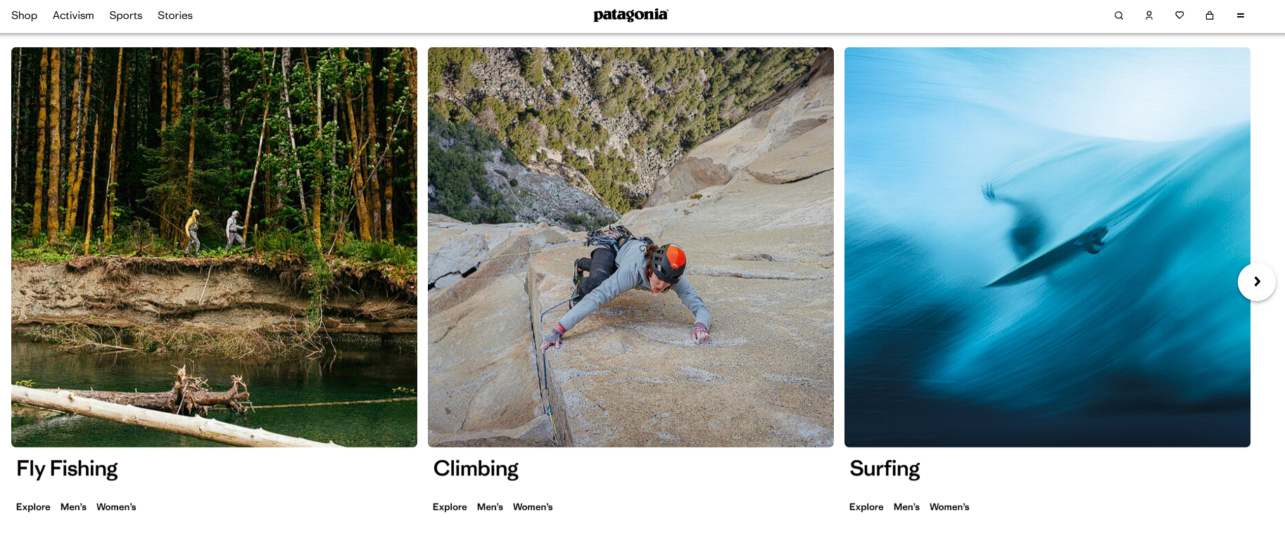 wws-patagonia - Wholesale Suite Patagonia website highlighting three adventure sports categories: Fly Fishing, Climbing, and Surfing