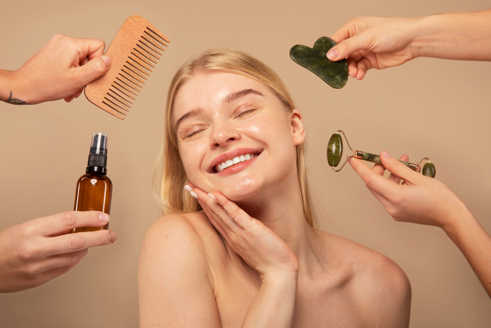 wws-skin-care - Wholesale Suite A smiling woman with glowing skin is surrounded by various skincare tools and products held by multiple hands