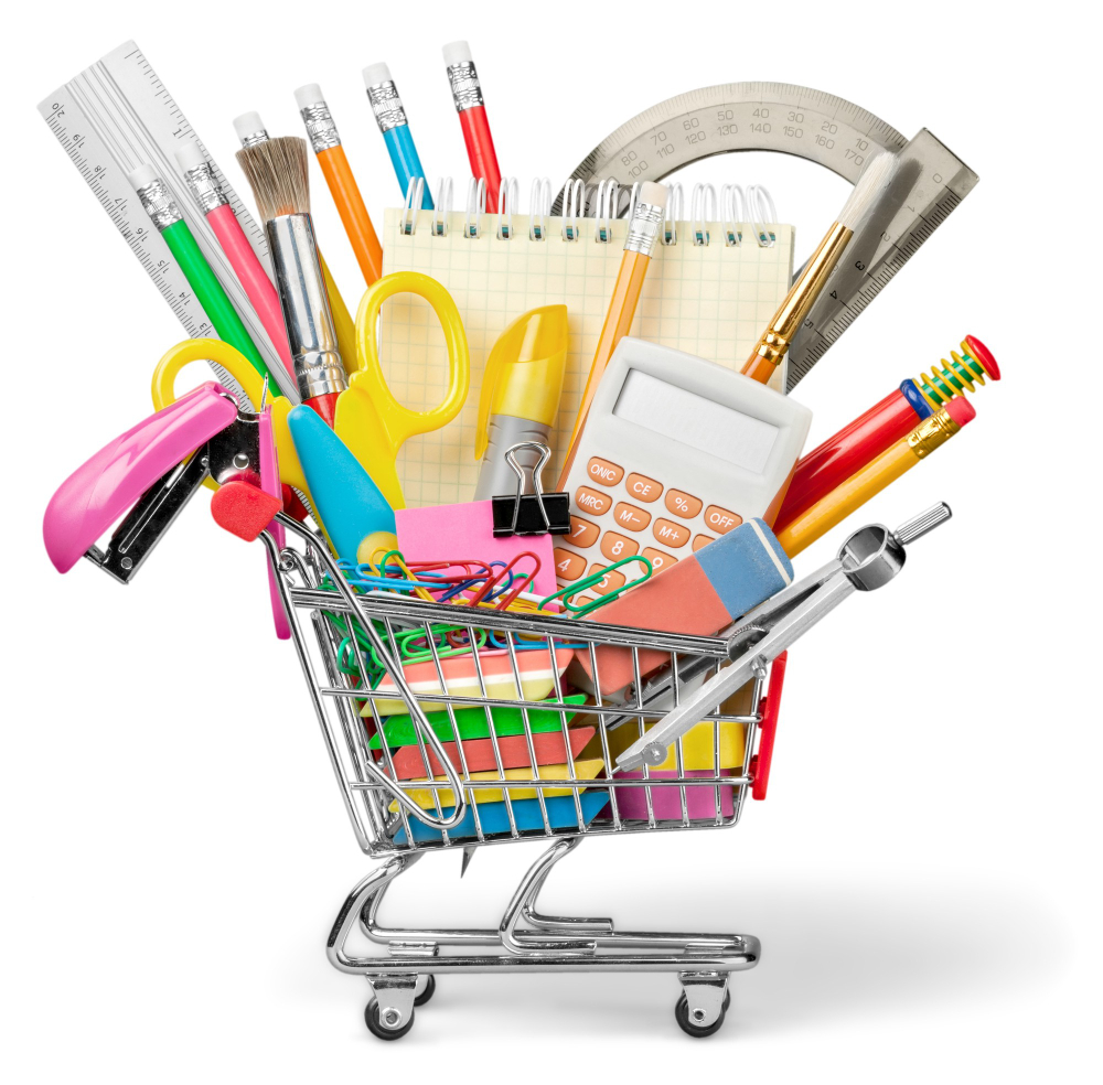 wws-stationery - Wholesale Suite A miniature shopping cart overflowing with colorful stationery supplies