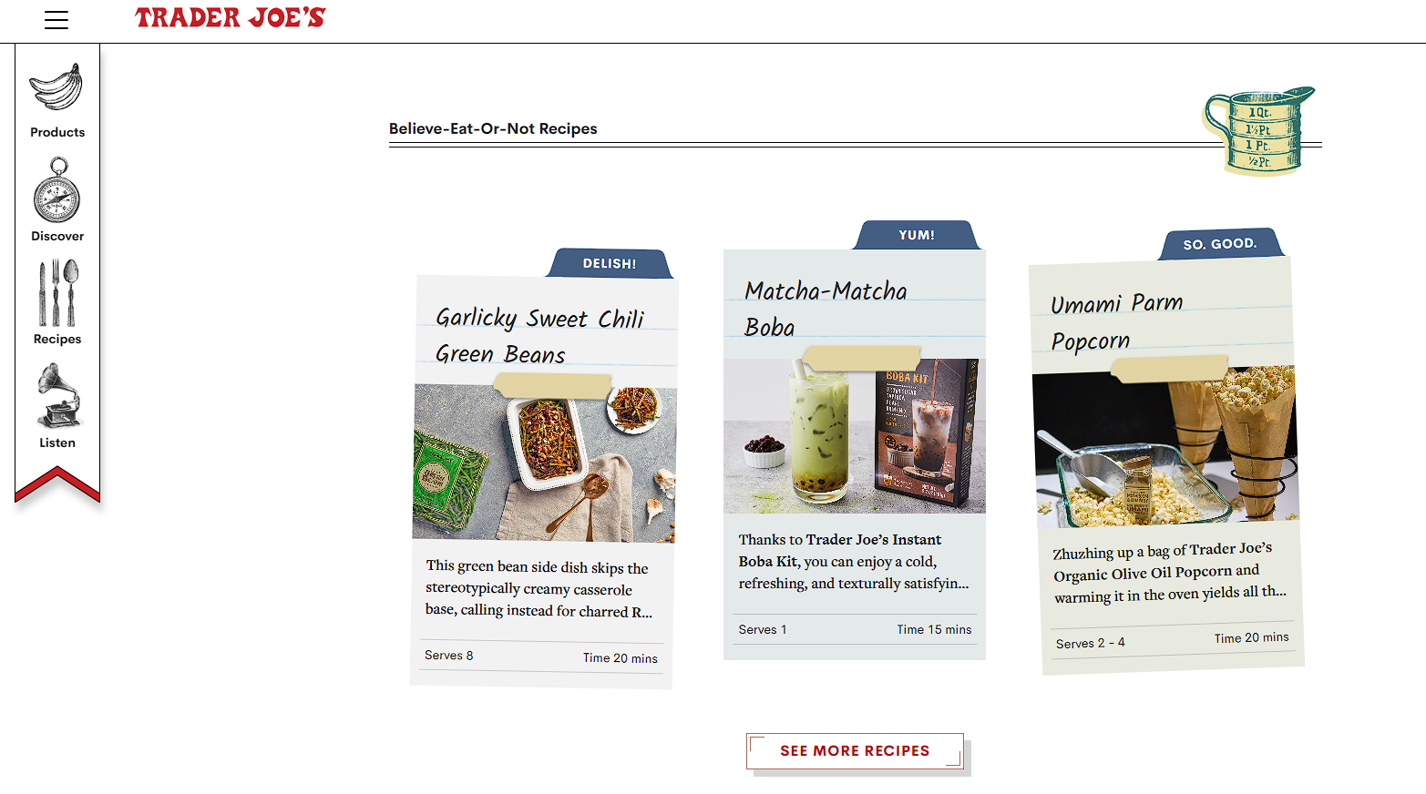 wws-trader-joes - Wholesale Suite Trader Joe’s website featuring the “Believe-Eat-Or-Not Recipes” section