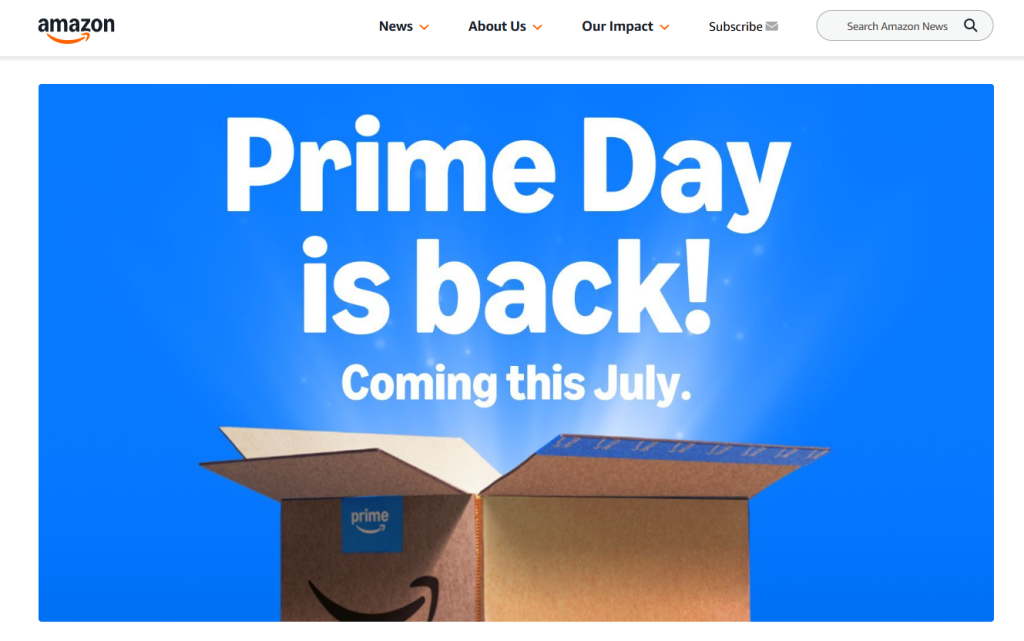 wws-amazon-prime-day - Wholesale Suite Amazon Prime Day promotional banner with bold text "Prime Day is back! Coming this July" above an open Amazon Prime package on a blue background.