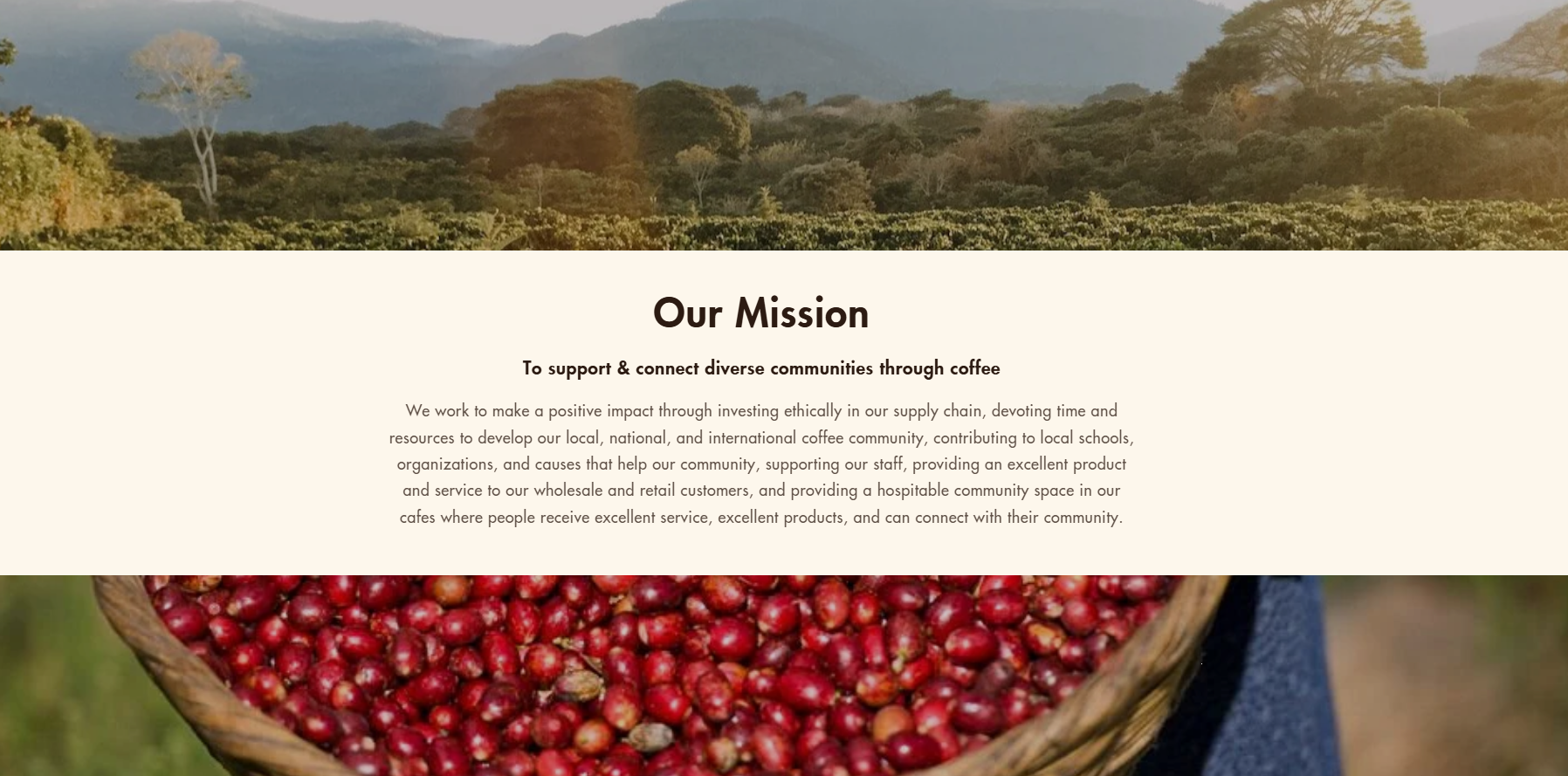 A scenic coffee farm landscape above a mission statement from OZO Coffee Company, with a close-up of red coffee cherries in a basket at the bottom.