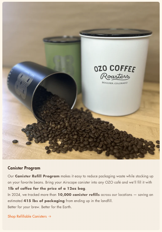 Reusable OZO Coffee Roasters canisters with coffee beans spilling out
