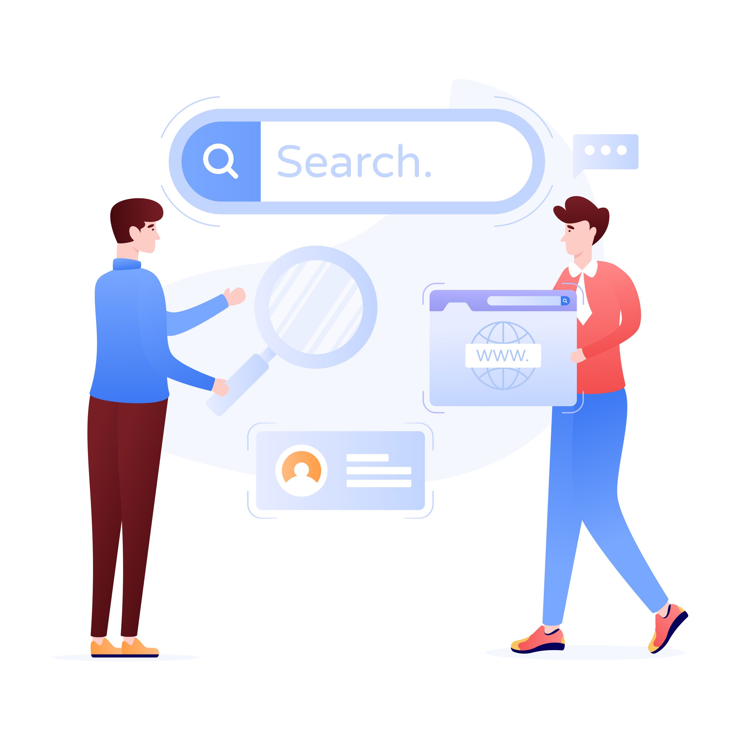 Two illustrated characters examining online content using a magnifying glass and a folder labeled “WWW” under a large search bar