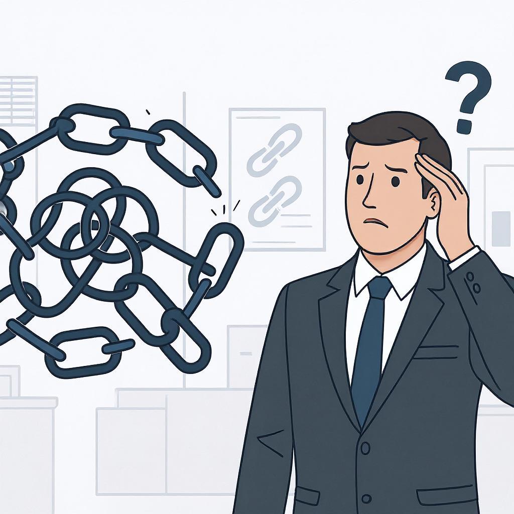 wws-broken-links - Wholesale Suite a confused businessman looking at a tangled and broken chain