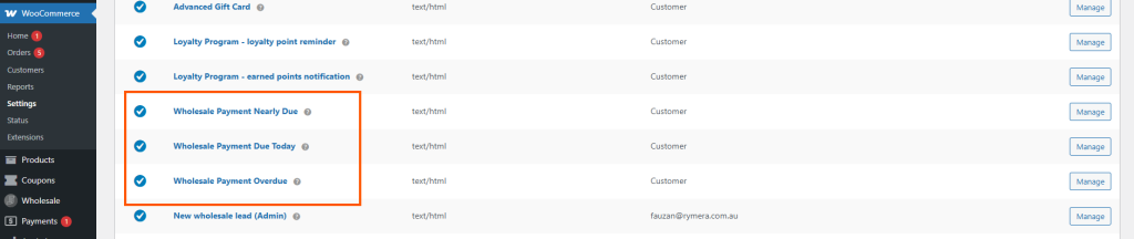 wws-wpay-email-reminders - Wholesale Suite WooCommerce email settings dashboard showing enabled Wholesale Payment reminders