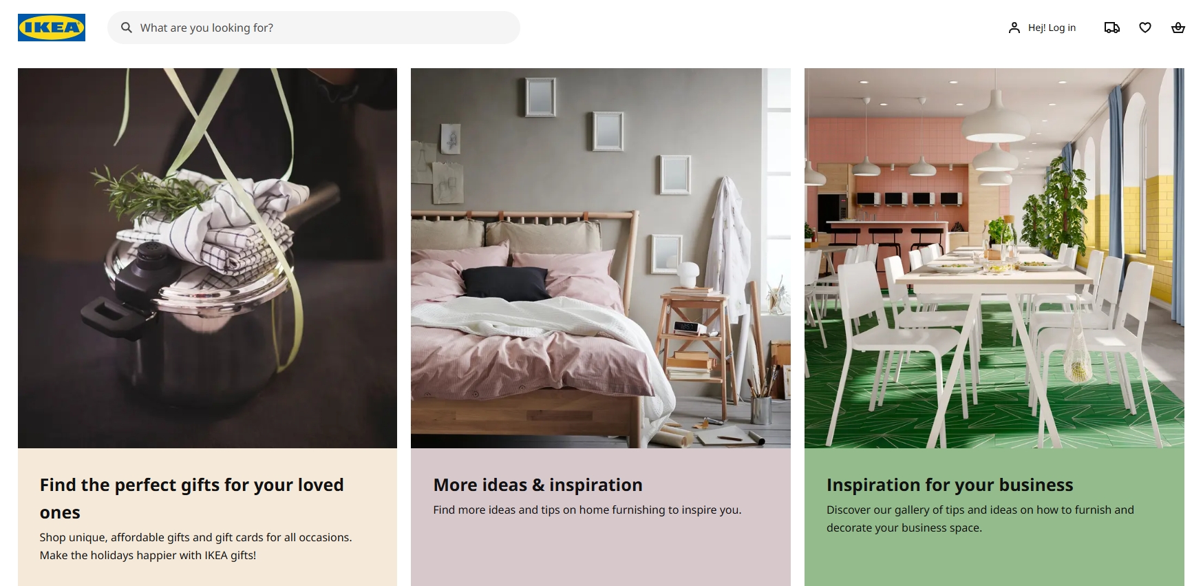 Three-section layout showcasing gift ideas, bedroom design inspiration, and business furniture setup with IKEA’s signature clean and colorful style