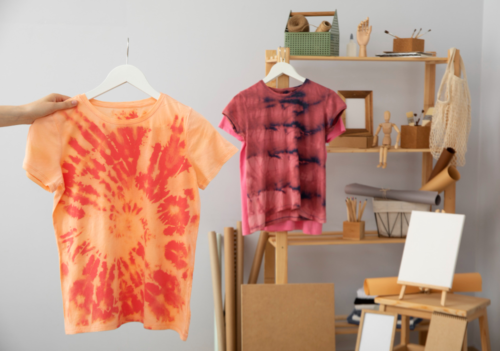 A workspace showcasing two tie-dye T-shirts on hangers