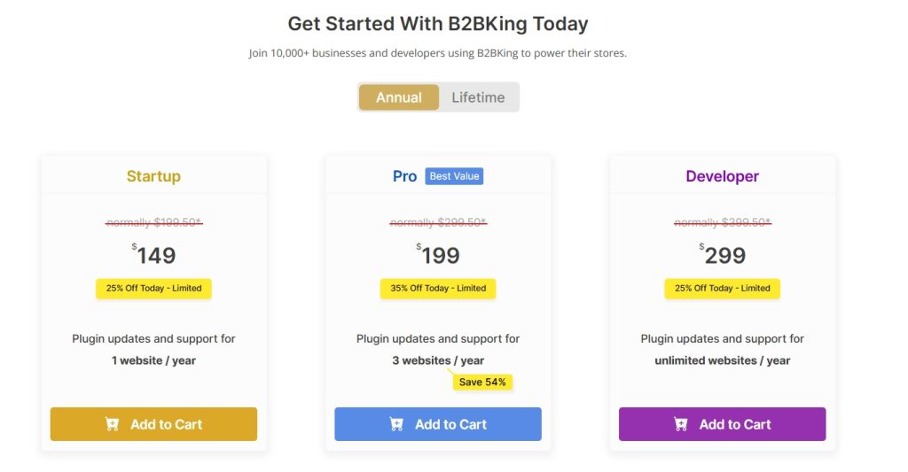 Annual pricing plans of B2BKing