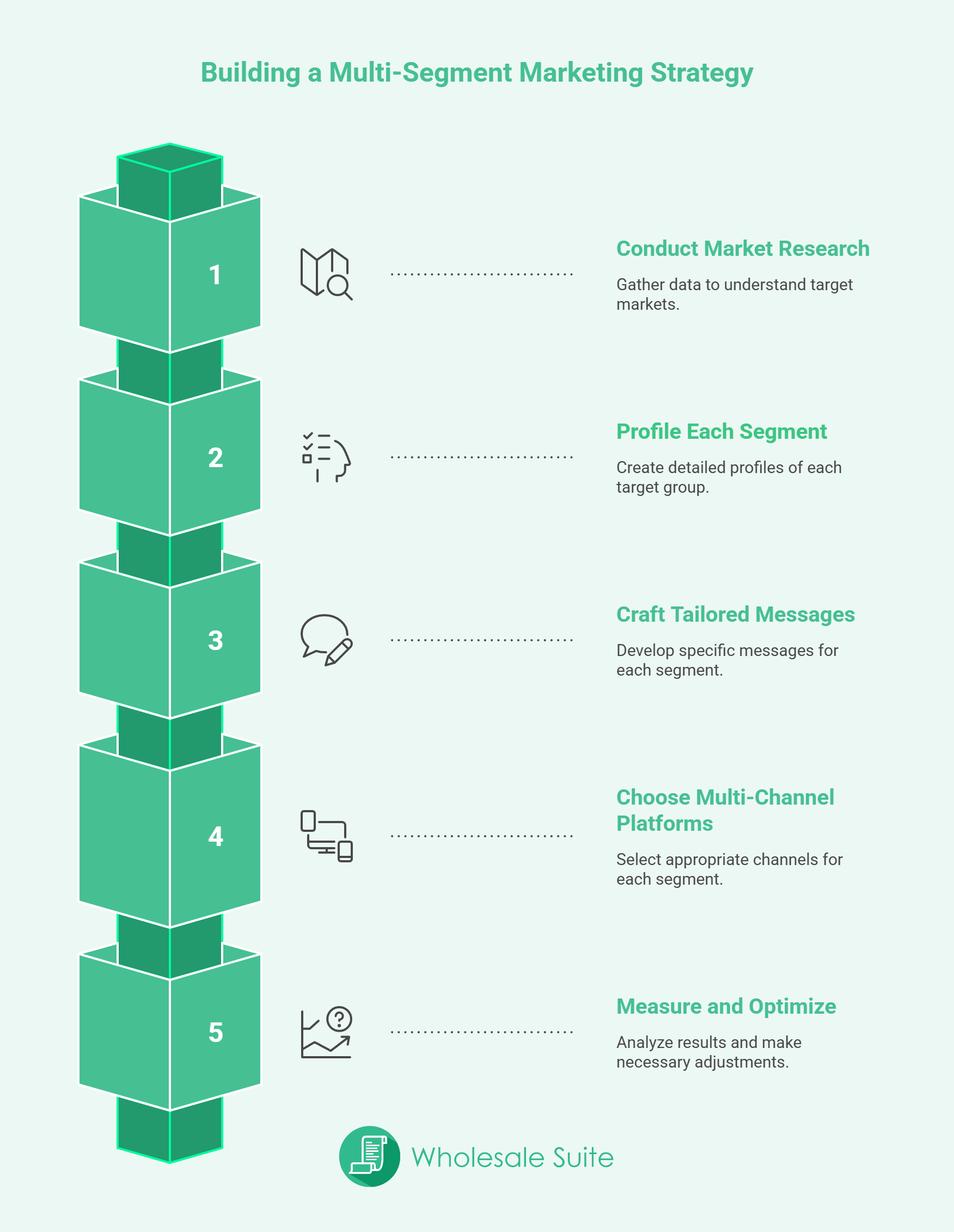 How To Build A Multi-Segment Marketing Strategy 5 Steps - Wholesale Suite “Building a Multi-Segment Marketing Strategy” showing five stacked 3D blocks numbered 1 to 5. Each block represents a step with an icon and text on the right side