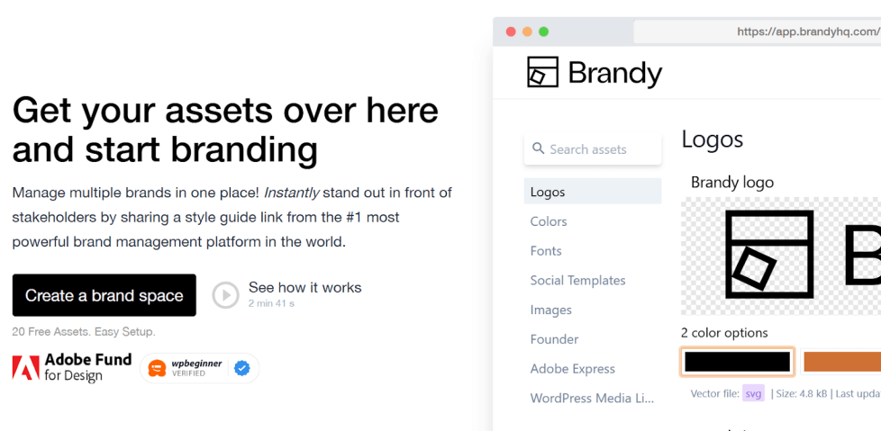 Brandy web app landing page showcasing an AI digital brand guidelines platform with exportable image assets and a screenshot of image export settings.