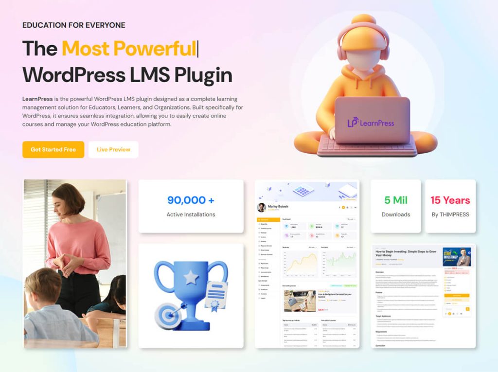 Website hero for LearnPress WordPress LMS plugin, featuring a 3D learner with laptop, bold headline, stats, screenshots, and call-to-action buttons.