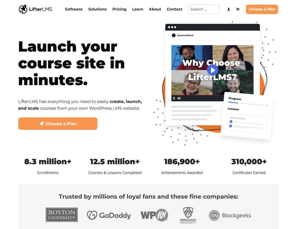 LifterLMS homepage promoting quick course site launches, with bold headline, orange call-to-action, demo video preview, and user success statistics and partner logos.