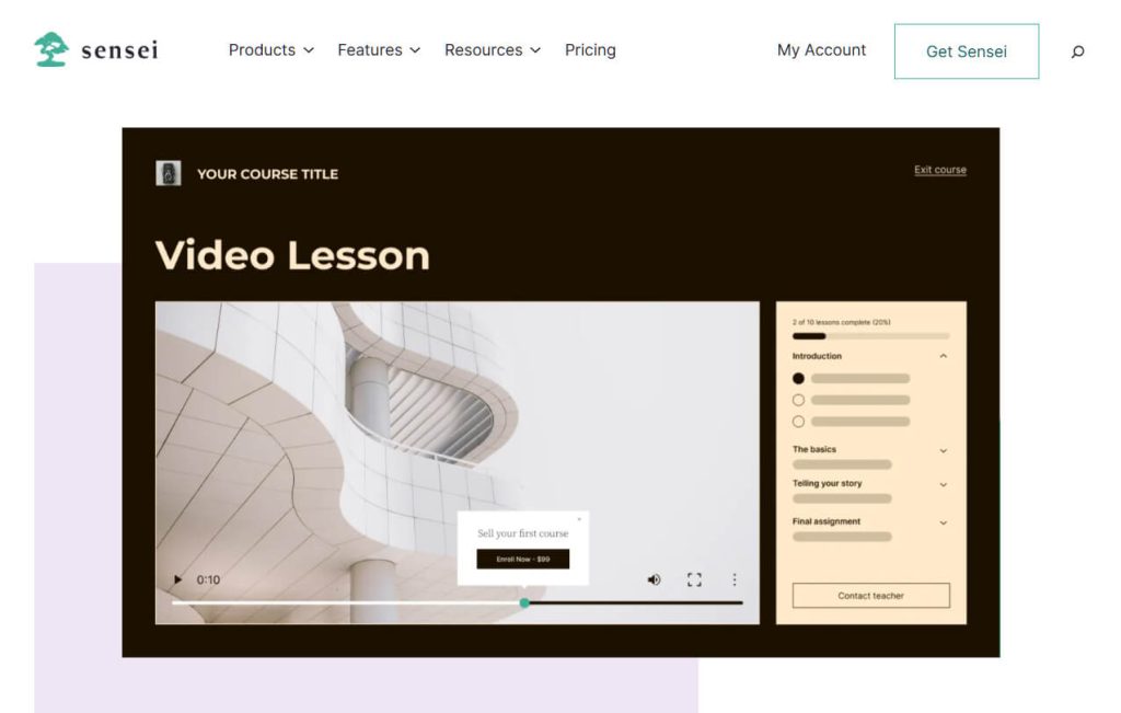 A website course page showing a large 'Video Lesson' player with architectural footage, progress sidebar, and enroll button on a clean dark layout.