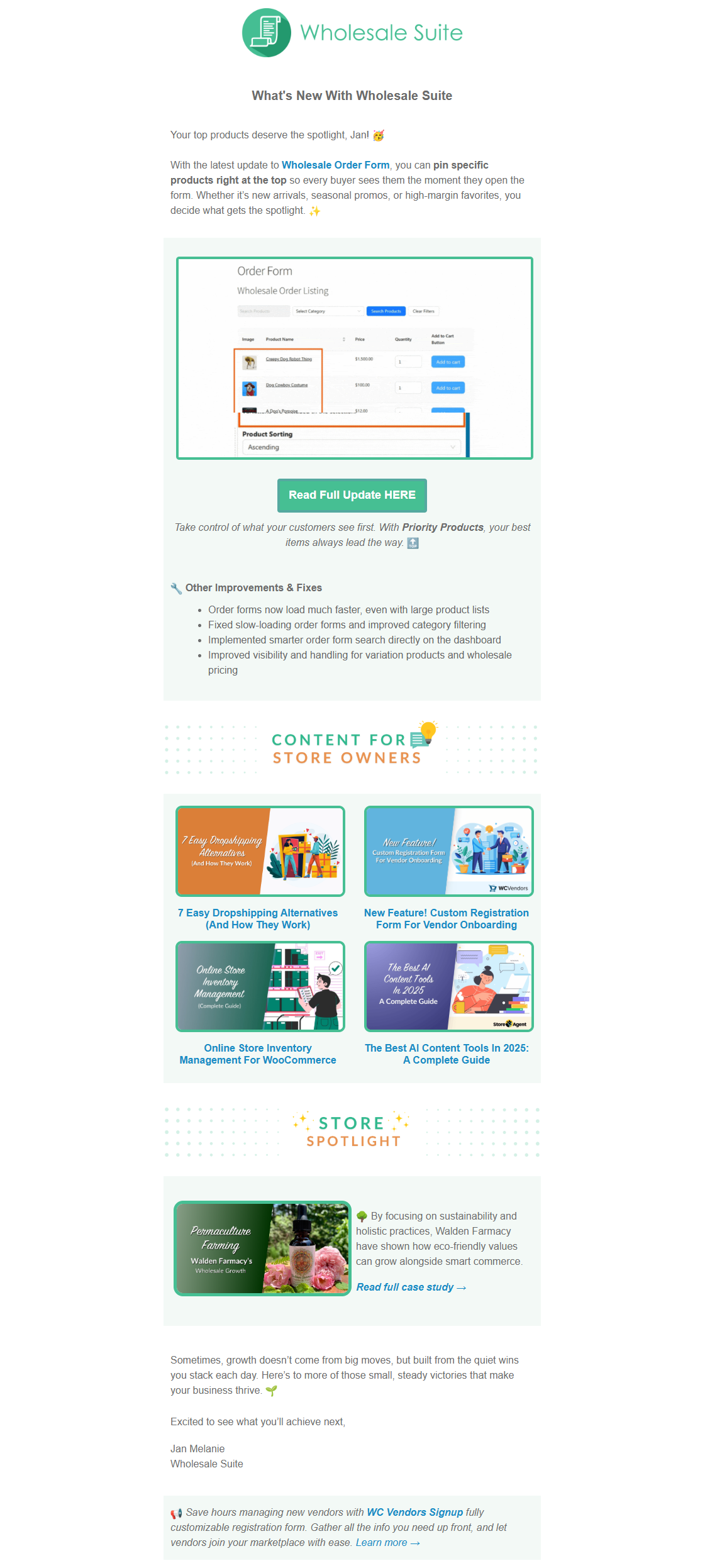 wws-newsletter-sample-only - Wholesale Suite Wholesale Suite email newsletter showing product update highlights, featured articles for store owners, and a store spotlight section