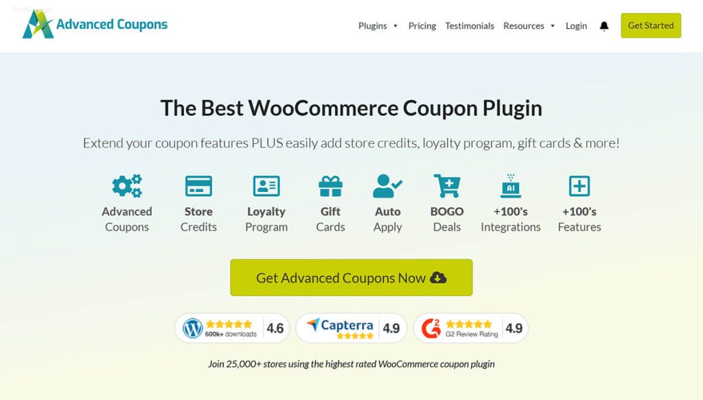 Bright hero section of Advanced Coupons website promoting 'The Best WooCommerce Coupon Plugin' with teal icons, green call-to-action button, and feature highlights.