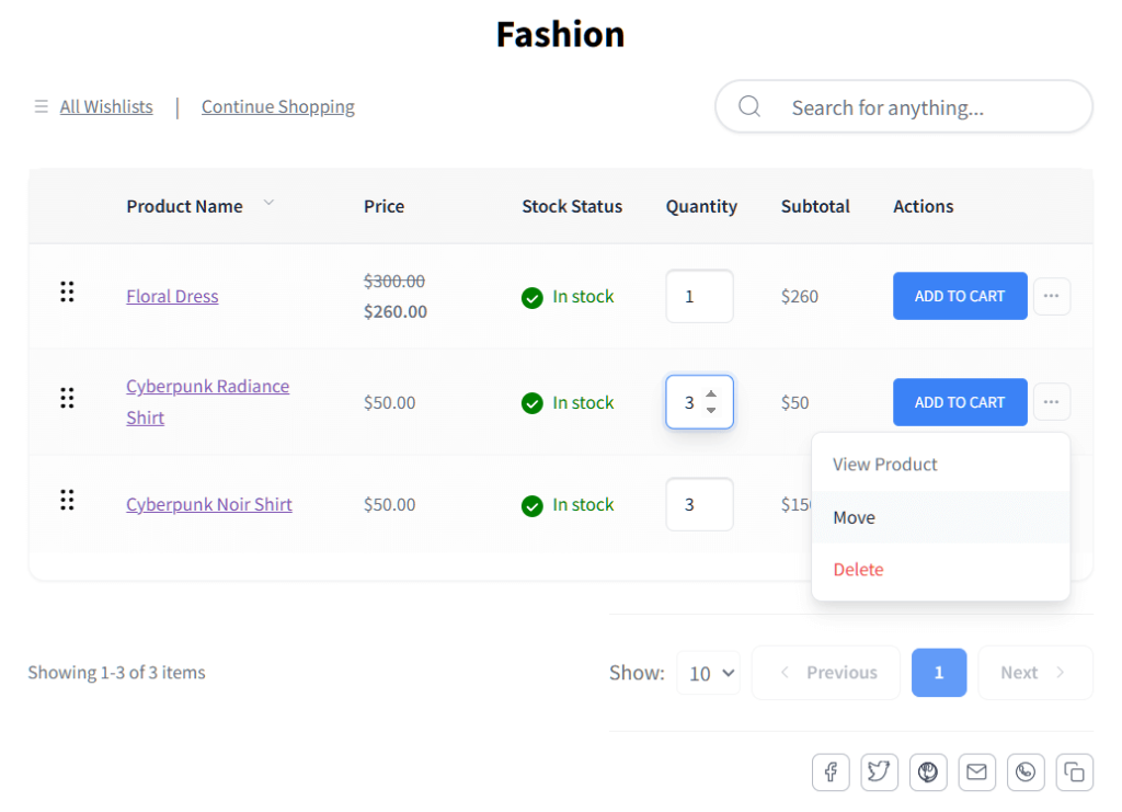 Website wishlist page titled 'Fashion' displaying floral and cyberpunk shirts, in-stock green icons, quantity inputs, and a dropdown menu for actions.