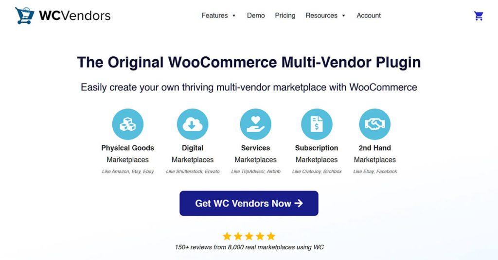 Website landing page promoting WC Vendors WooCommerce multi-vendor plugin, showing marketplace types icons and a prominent 'Get WC Vendors Now' button.