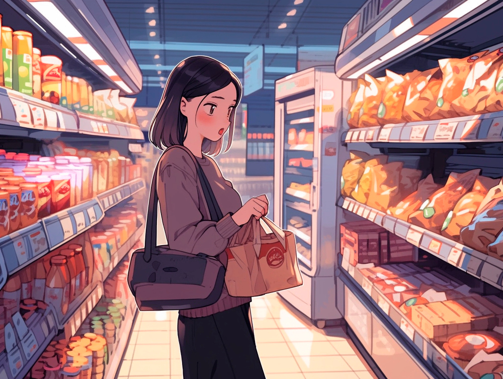Anime style illustration of a woman browsing a retail store, representing the physical triggers of impulse buying