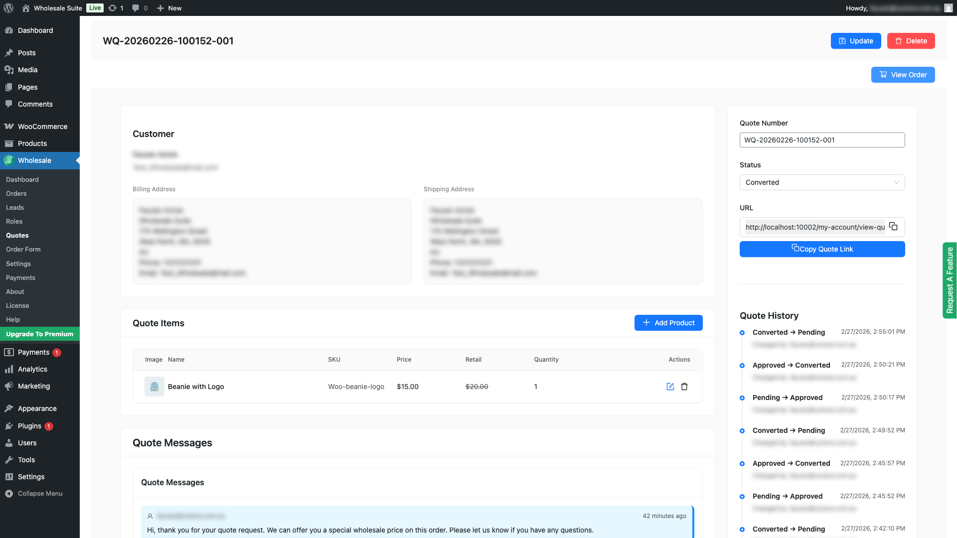 wholesale-suite-quote-converted-status-view-order - Wholesale Suite The quote detail screen after conversion showing the Converted status badge