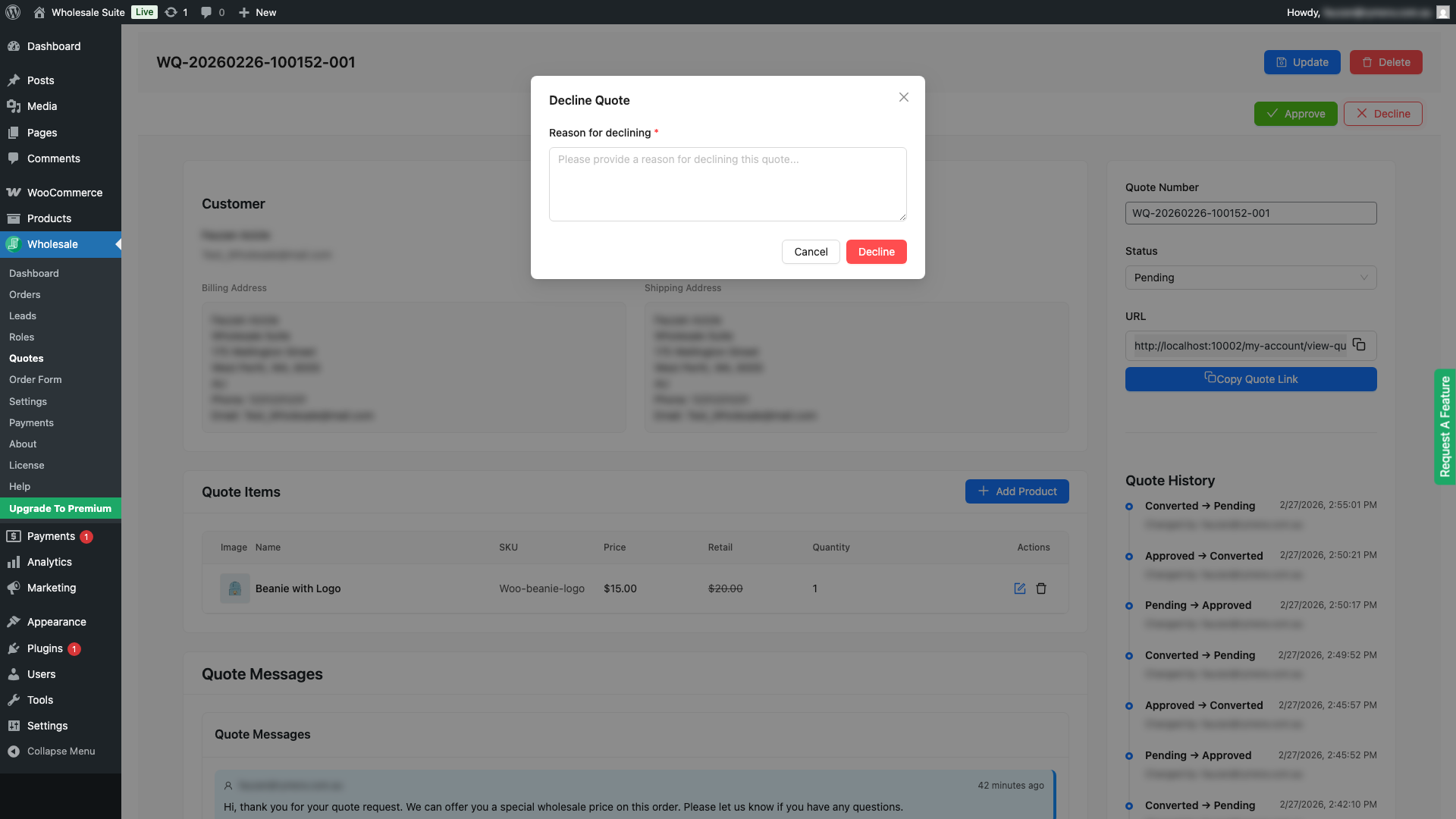 wholesale-suite-quote-decline-confirmation-dialog - Wholesale Suite The decline confirmation dialog showing a text area for the decline reason