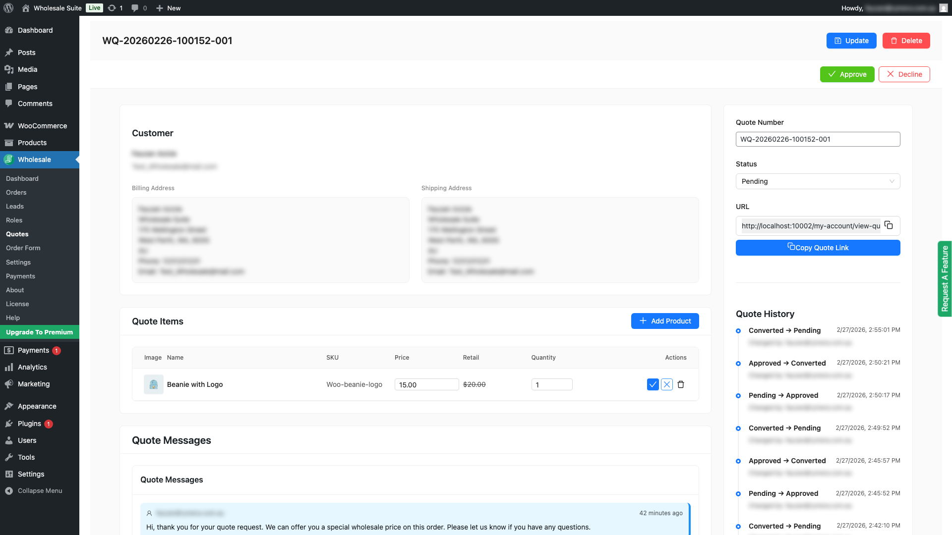 wholesale-suite-quote-line-item-edit-mode - Wholesale Suite A line item row in edit mode showing the wholesale price and quantity fields with inline Save and Cancel buttons