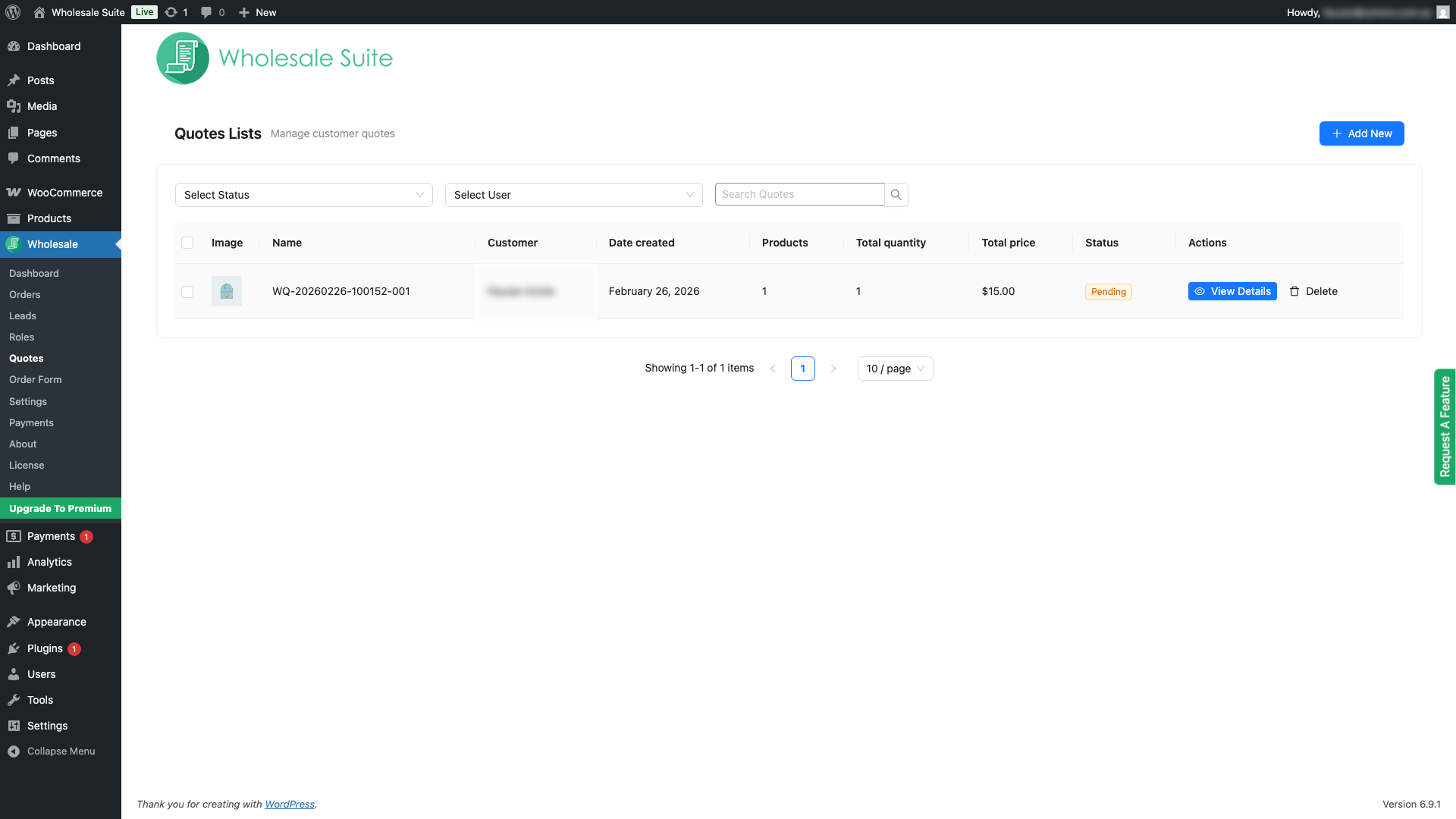 wholesale-suite-quotes-dashboard-list-view - Wholesale Suite The Quotes dashboard showing a list of quotes with columns for quote number, customer, status, total, items, and date