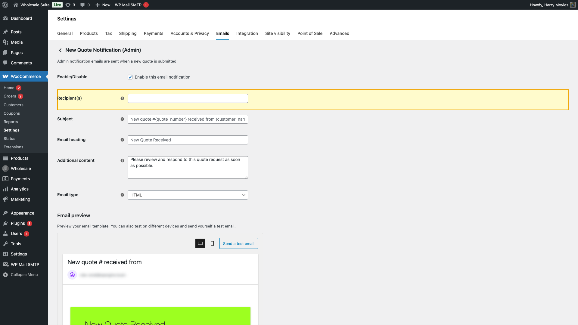 wholesale-suite-wq-email-admin-notification-settings-1 - Wholesale Suite New Quote Notification Admin email settings with Recipient field highlighted