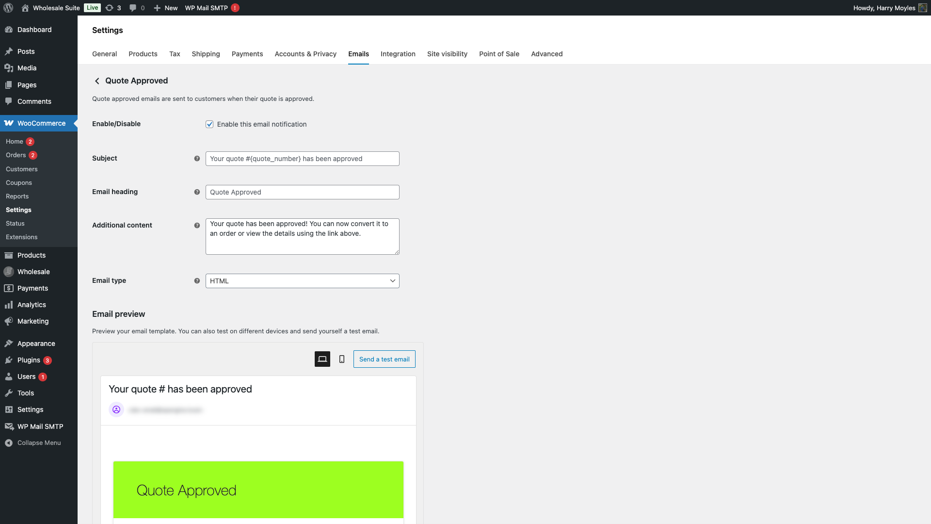 wholesale-suite-wq-email-approved-settings-2 - Wholesale Suite Quote Approved email settings showing Enable Subject Heading Additional content and Email type fields