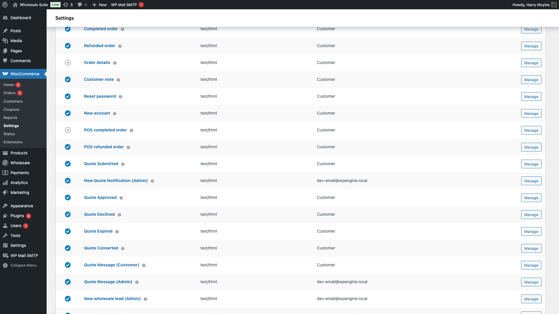 wholesale-suite-wq-email-settings-list - Wholesale Suite WooCommerce Settings Emails screen showing Wholesale Quotes email rows