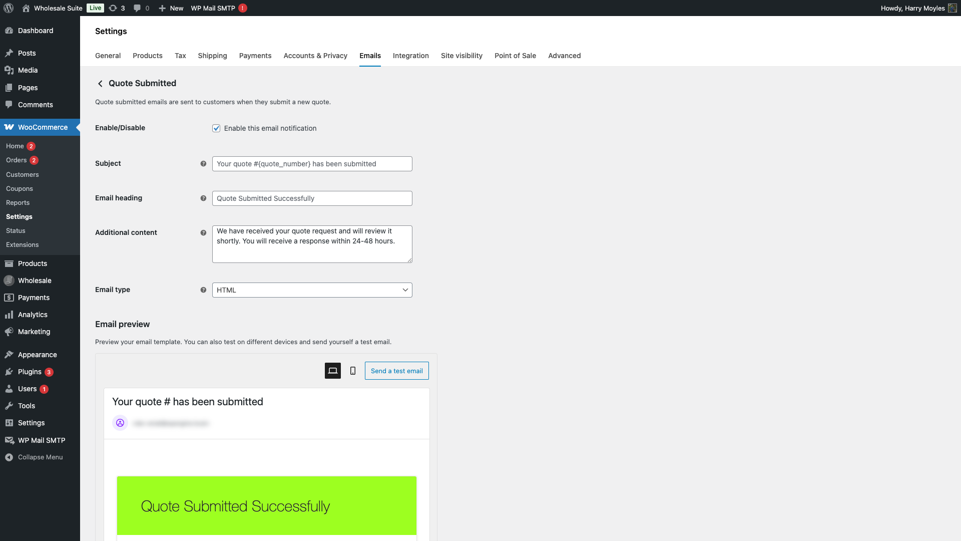 wholesale-suite-wq-email-submitted-customer-settings - Wholesale Suite Quote Submitted Customer email settings in WooCommerce with Enable Subject Heading fields