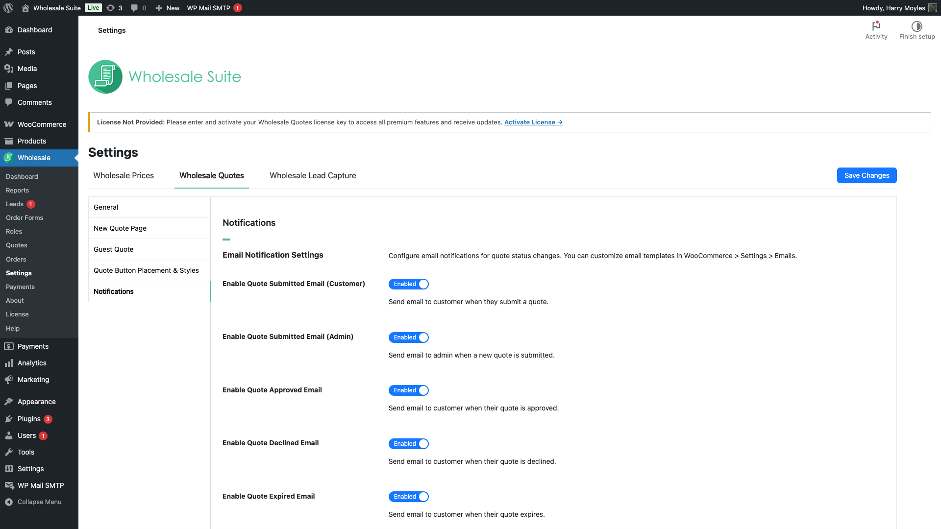 wholesale-suite-wq-notifications-settings-tab-1 - Wholesale Suite Wholesale Suite Settings Wholesale Quotes Notifications tab showing email toggles