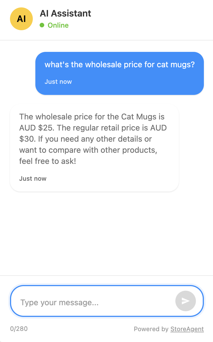 wws-ai-chat-wholesale-pricing - Wholesale Suite StoreAgent AI chat showing a user asking for the wholesale price of cat mugs