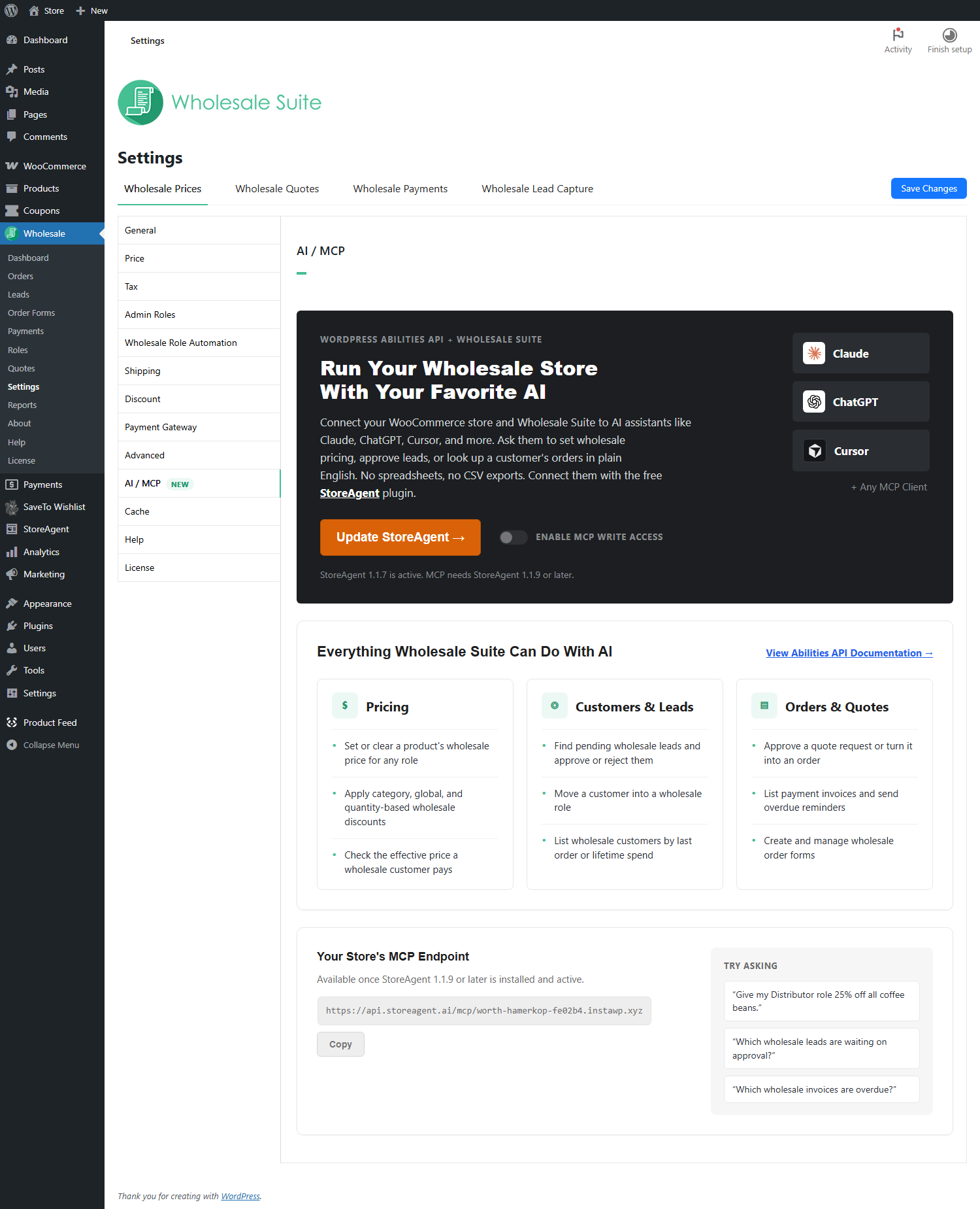 wws-settings-ai-mcp-full - Wholesale Suite Wholesale Suite AI / MCP settings tab in WordPress, showing options to connect the store to Claude, ChatGPT, Cursor and other MCP clients
