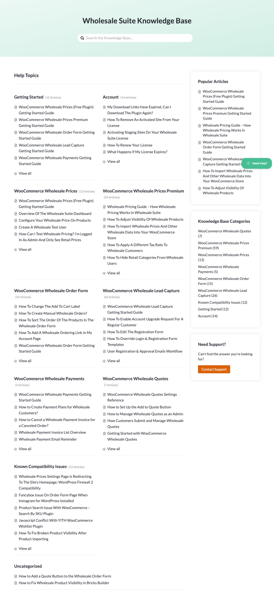 Wholesale Suite knowledge base with categorized step-by-step documentation articles