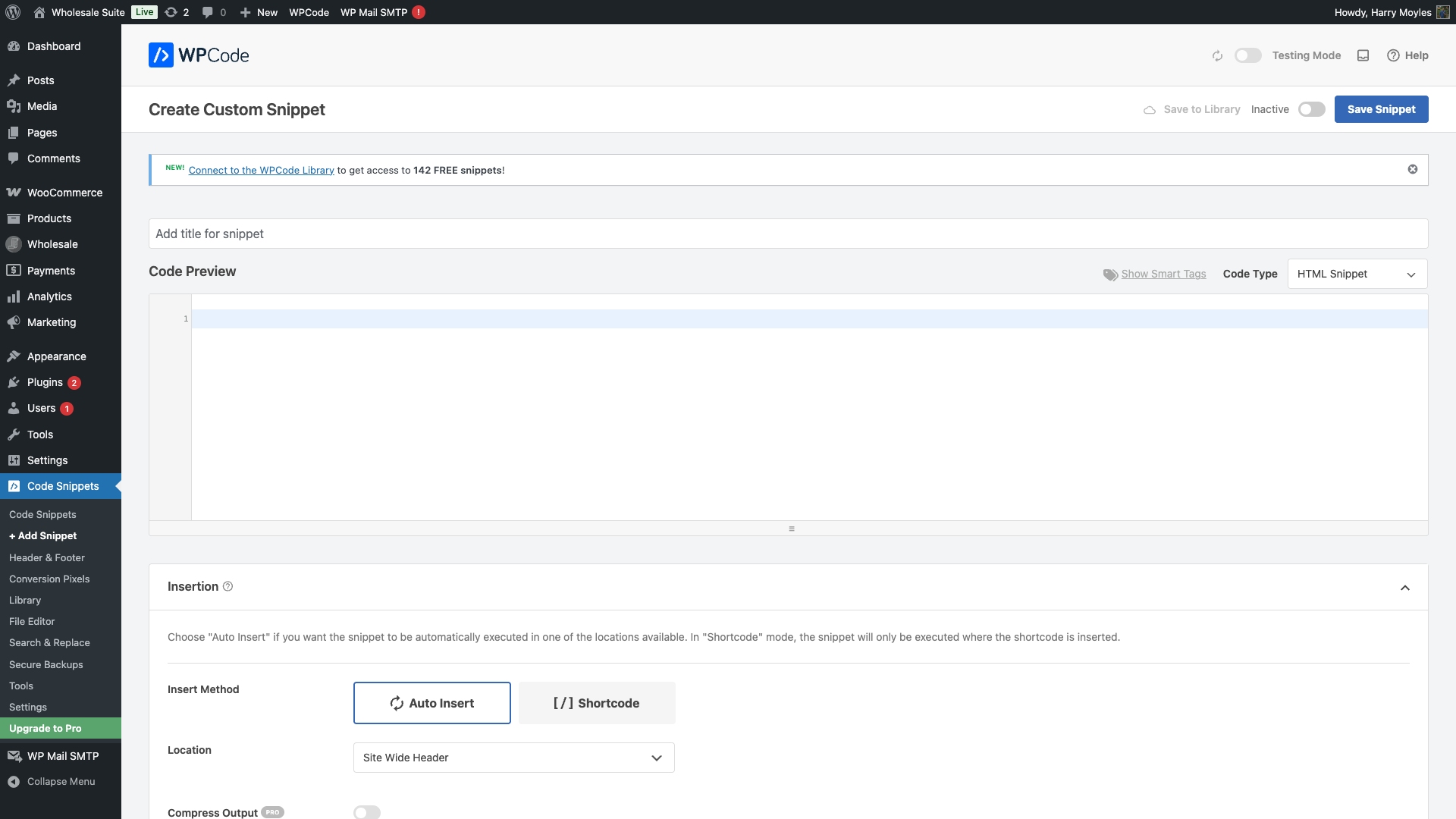 wholesale-suite-wpcode-add-new-snippet-editor - Wholesale Suite The WPCode Add New Snippet page in WordPress admin showing the empty snippet editor