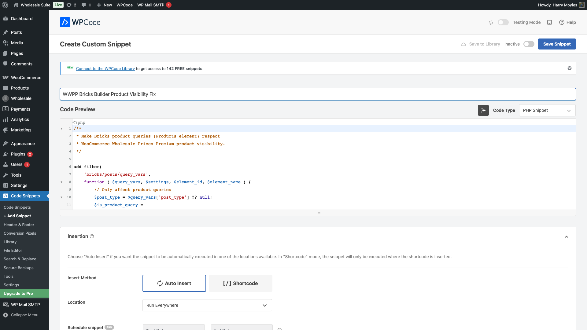wholesale-suite-wpcode-bricks-visibility-code-pasted - Wholesale Suite WPCode editor with the Bricks Builder product visibility fix code pasted in