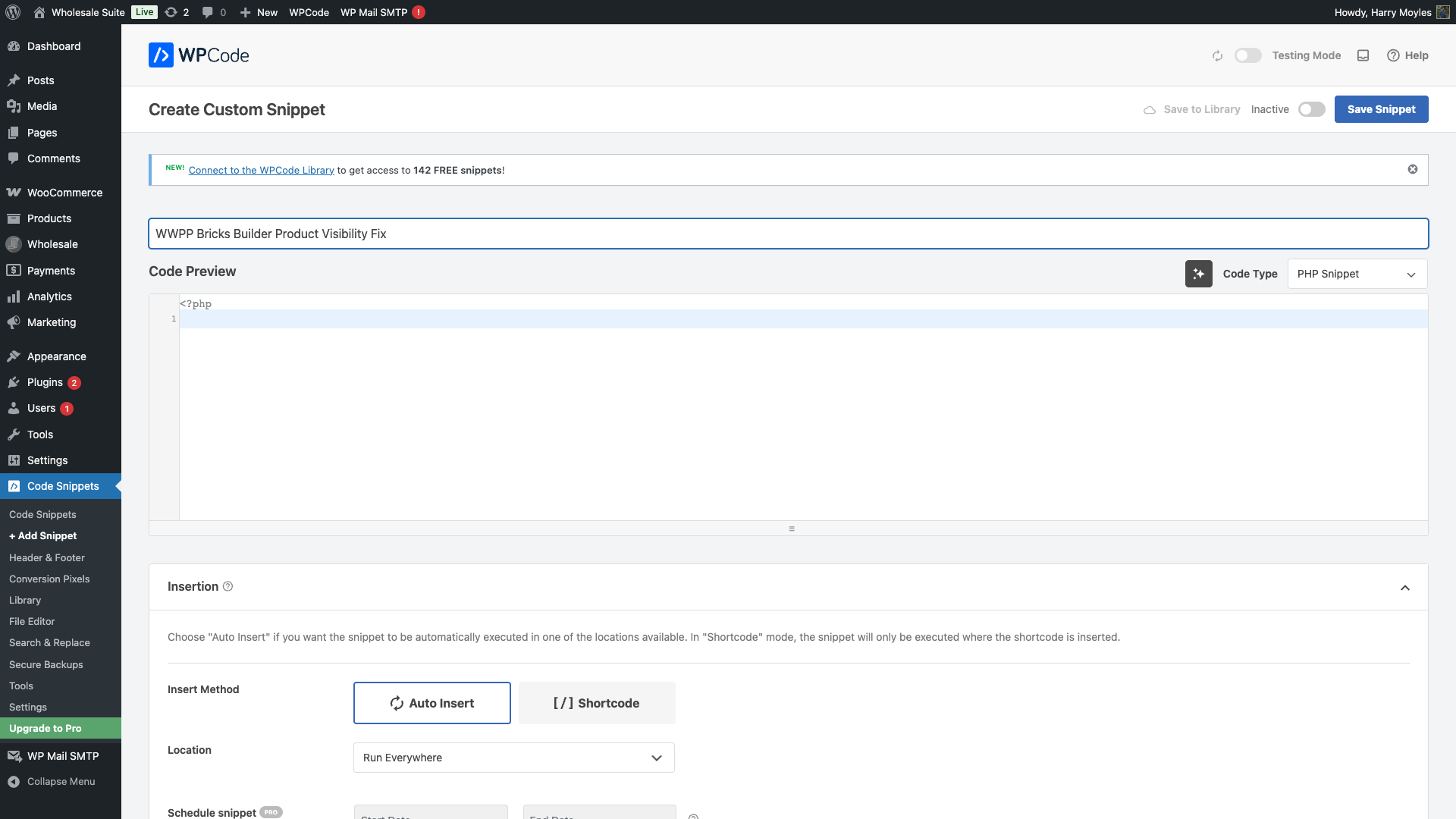 wholesale-suite-wpcode-php-snippet-type-selected - Wholesale Suite WPCode snippet editor with PHP Snippet type selected and title filled in