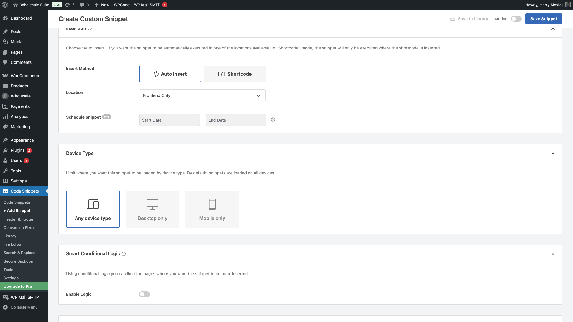 wholesale-suite-wpcode-run-location-frontend - Wholesale Suite WPCode insertion settings with Location set to Frontend Only