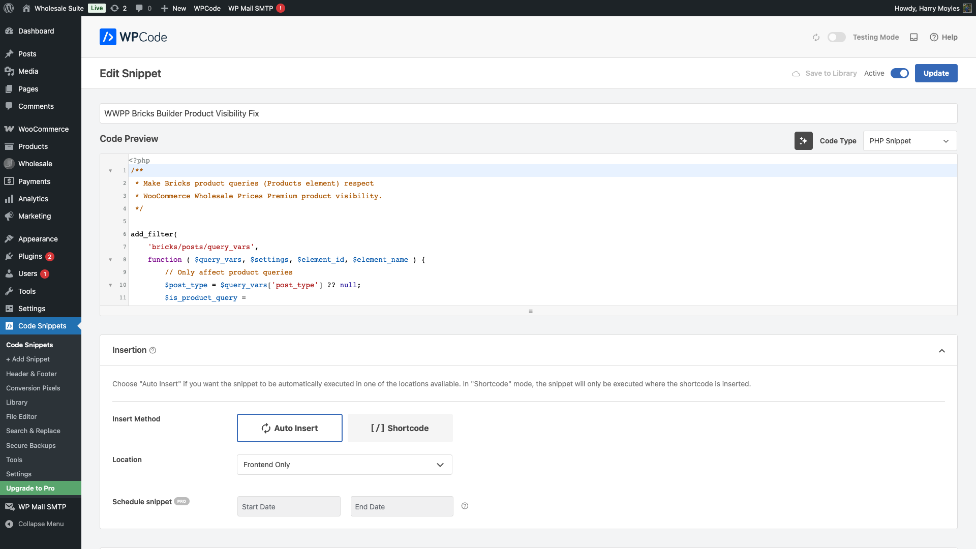 wholesale-suite-wpcode-snippet-active-success - Wholesale Suite WPCode snippet detail page with Active toggle on showing success