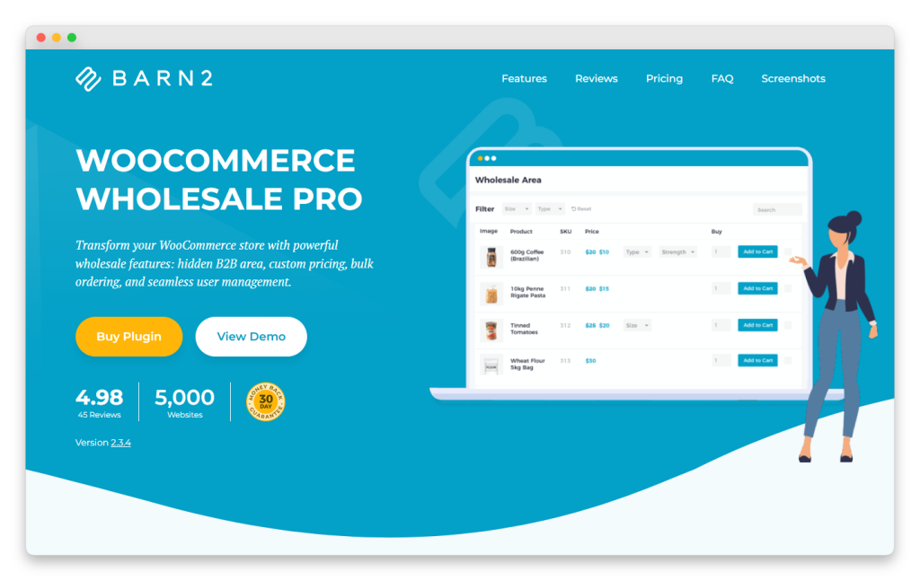 Barn2 WooCommerce Wholesale Pro plugin landing page showing wholesale features, bulk ordering interface, and call-to-action buttons